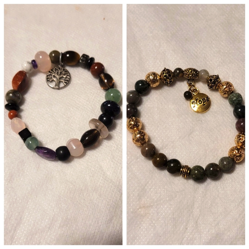 2 natural bead stretch bracelets "Hope" and tree of life.
